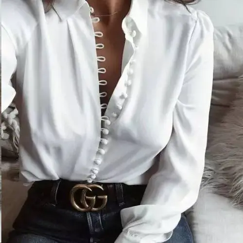 

Vogue Pop Fashion Party Women Summer Long Sleeve Loose Casual White Button Tops T-Shirt Lady Shirt