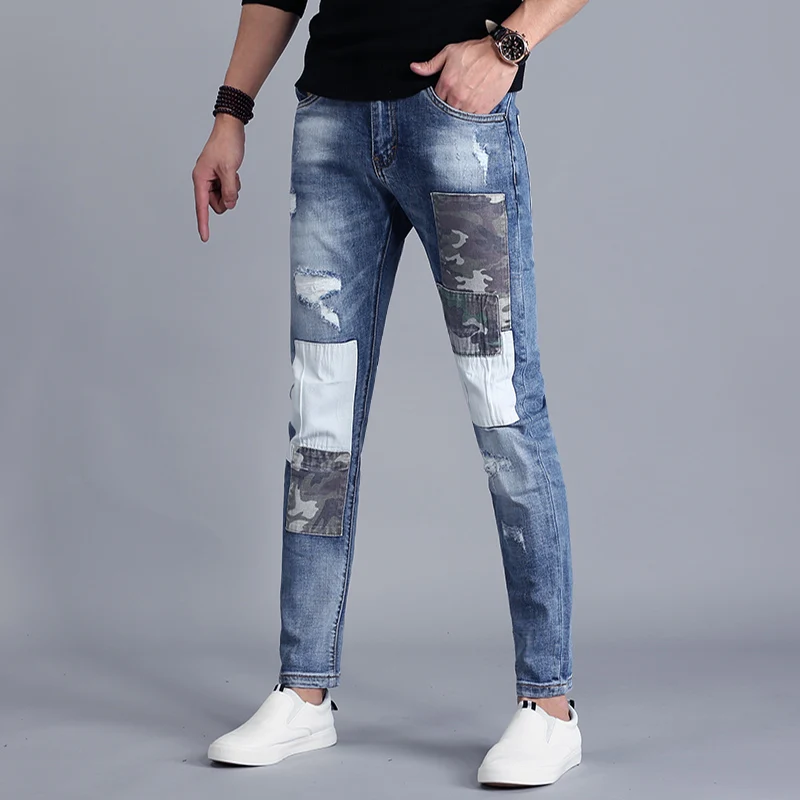 Джинсы в стиле пэчворк мужские рваные джинсы уличном тонкие брюки из стрейч