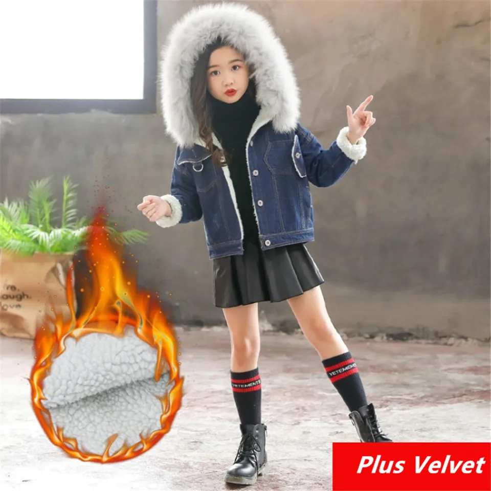 Джинсовая куртка для девочек; сезон осень-зима; Новинка; плотная теплая верхняя одежда для детей; пальто с капюшоном; детская утепленная Вельветовая куртка