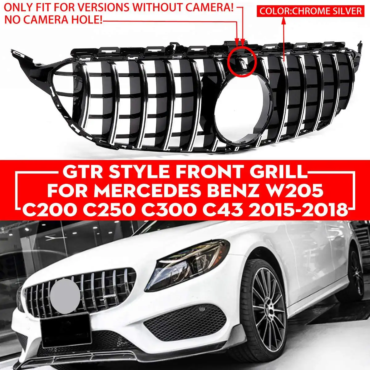 

GTR Car Front Bumper Grille Grill Cover For Mercedes For Benz W205 For AMG Look C200 C250 C300 C350 2015-2018 Without Camera