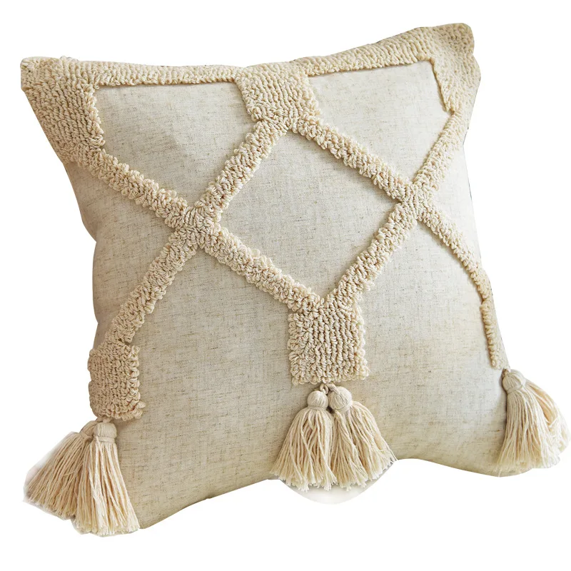 

Linen cushion cover 45x45cm Boho Style Tassels pillow cover Beige for Home decoration Netural Living Room Bedroom