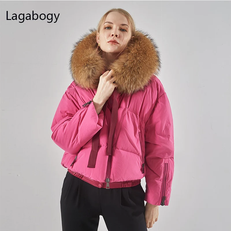 Lagabogy 2021 Luxury Quality Winter Women Short Parkas 90% White Goose Down Coat Thick Warm Puffer Jacket Huge Real Raccoon Fur