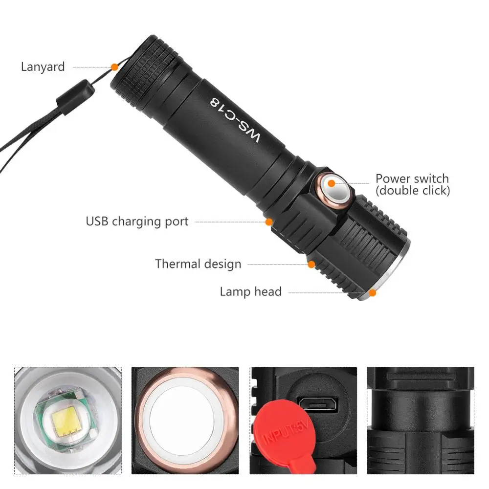 Portable Flashlight Zoom Funtion LED USB Rechargeable Torch 3 Lighting Modes For Outdoor Activity/Camp | Лампы и освещение