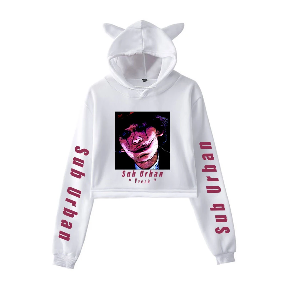 

Fashion Sub Urban Printed Cat Short Hoodie Girl Long Sleeve Hooded Pullover Short Top Casual Trendy Children's Hoodie