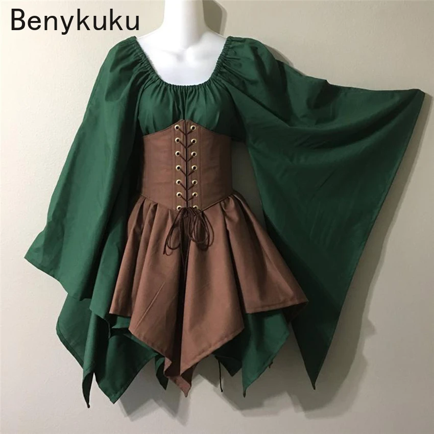 

Renaissance Vintage Palace Victoria Medieval Costume Women Halloween Cosplay Waist Bandage Cincher Corset Set Jagged Dresses