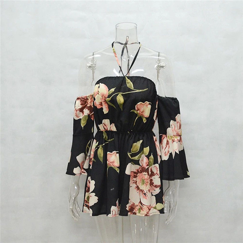 

New Trumpet Sleeve Print Strapless Playsuits Summer Beach Overalls Women Off Shoulder Bandage Wrap Jumpsuits&Rompers