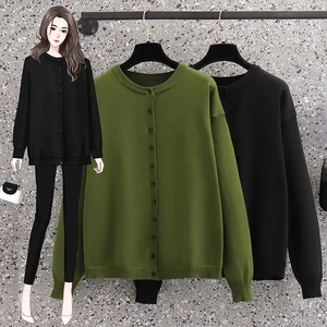 Black Green Button Knitted Plus Large Size Oversize Korean Style Fashion Cardigan For Autumn Women'S Clothing Ladies Sweaters