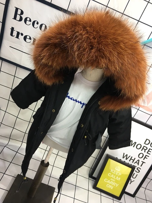 Black Caramel Fur Детская куртка-пуховик на утином пуху до 30 градусов зимнее пальто для мальчиков и девочек куртка с капюшоном из меха енота верхняя одежда для девочек, пуховая парка От 4 до 12 лет, TZ430 - Цвет: Black Caramel Fur