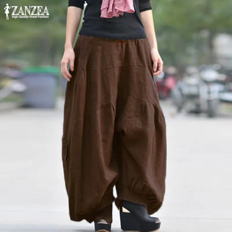 

ZANZEA 2022 Women's Wide Leg Pants Vintage Cargo Lantern Trousers High Elastic Waist Long Pantalon Female Linen Pants Oversized