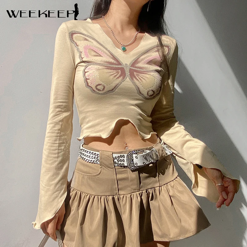 Weekeep Бабочка печать нерегулярные укороченный Топ для женщин с длинным рукавом V
