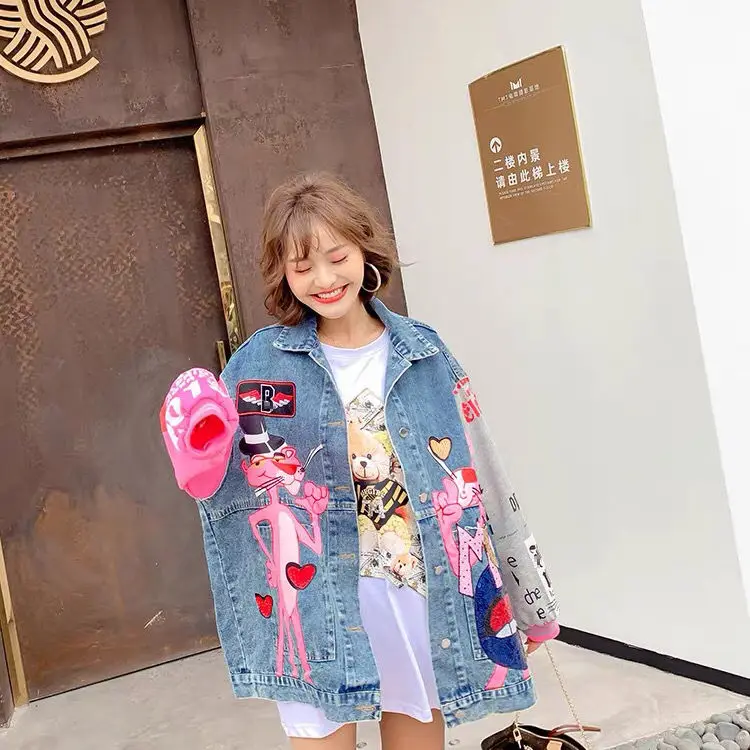 

2020 New Women's Denim Jacket Cartoon Foreign Sequins Loose Tooling Color Matching Jacket Jacket Spring Female Coat