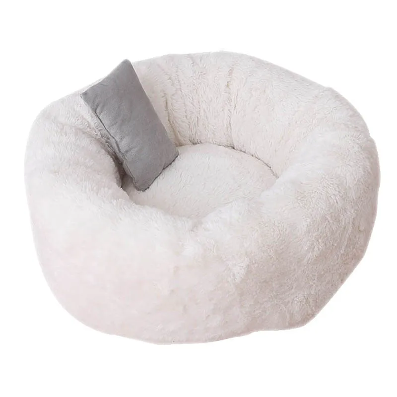 White Pets Shag Plush Donut Cuddler Calming Bed Round Plush Cat Dog Mat Sleeping Bed with Pillow E2S - Цвет: White