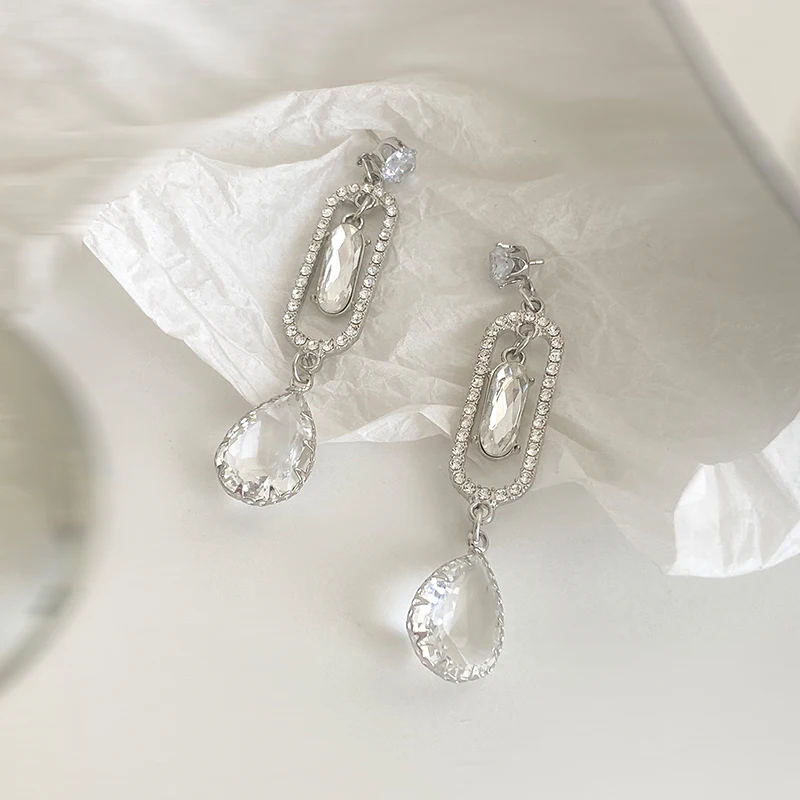 

MENGJIQIAO Korean Fashion Rhinestone Siver Color Hollow Square Drop Earrings For Women Girls Waterdrop Crystal Oorbellen Jewelry