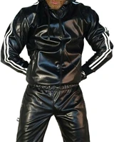 mens pu leather tracksuit jogging coat jacket trousers pants sports hoodie set