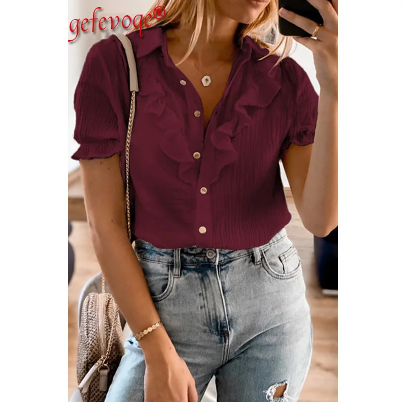 

Elegant Ruffle Tops Women Summer Casual Lapel Short Sleeve V-Neck Button Up Shirts Office Lady Blouse Blusa 2021 Roupas Feminina