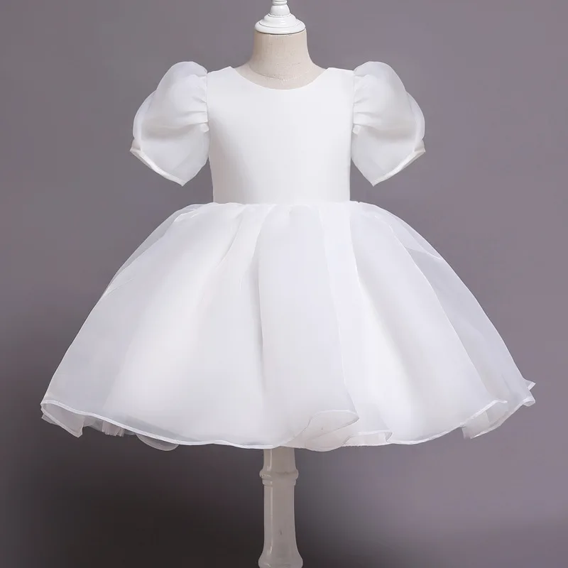 

2021 New Girls Short Sleeve O Neck Backless Pink Princess Dress Kids Elegant Party Prom Ball Gown Children Costume 3-14 Year