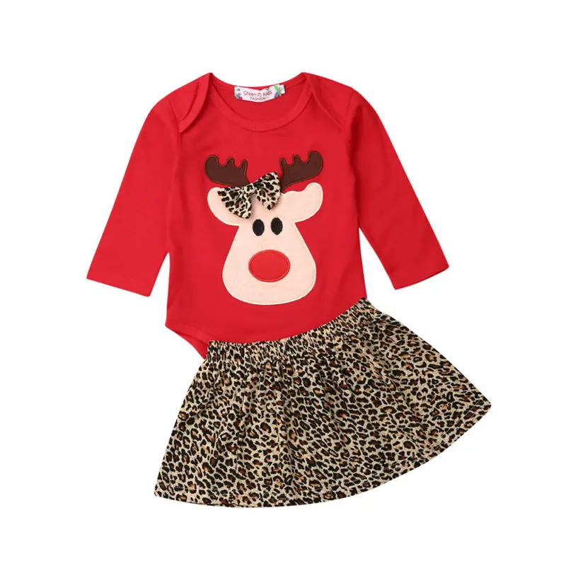 Christmas Reindeer Outfit Baby Girls Clothes Set Infant Long Sleeve Clothing Cotton Bodysuit+Leopard Skirt Newborn Toddler Kids | Детская