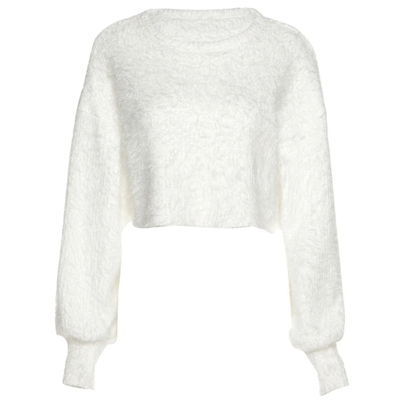 Женский Пушистый свитер с длинным рукавом и круглым вырезом однотонный пушистый