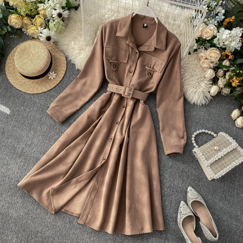 ALPHALMODA, модное женское платье, Осень-зима, французское ретро платье средней длины с поясом, сплошная шикарная одежда