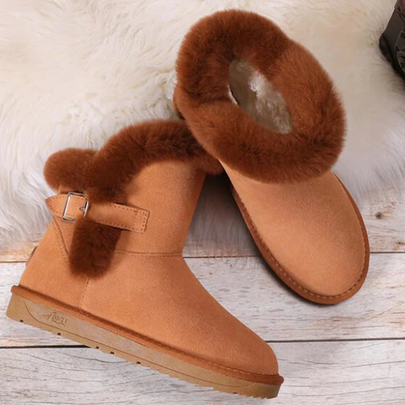 Genuine leather Rabbit fur Snow boots women Non-slip Ankle Boots Winter for Belt buckle Warm Botas Mujer sy846 | Обувь