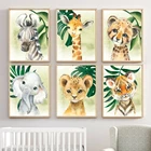 Настенная картина для детской комнаты, Постер с изображением животных, джунглей, зеленых листьев, Льва, жирафа, зебры, тропическая Картина на холсте для декора спальни