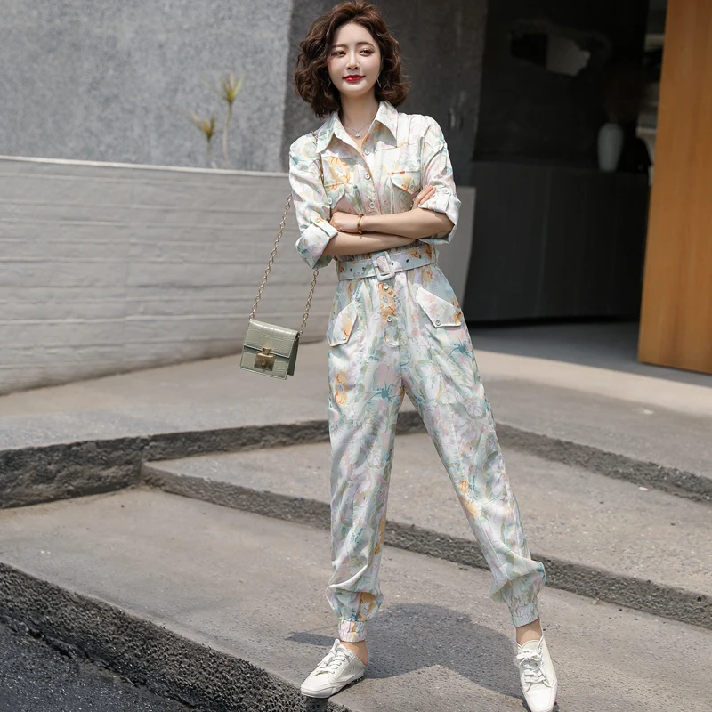 New Autumn  Spring  Women Belt Tunic Print Jumpsuits Female High Waist Harem Trousers Overalls Romper Holiday Long Playsuit