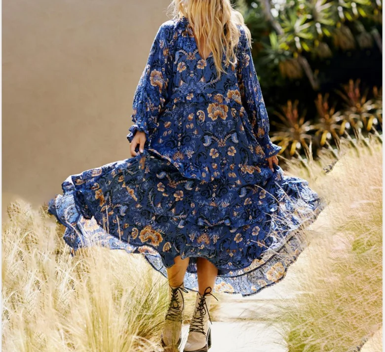 Женское шикарное платье-миди в стиле бохо синее платье с цветочным принтом и