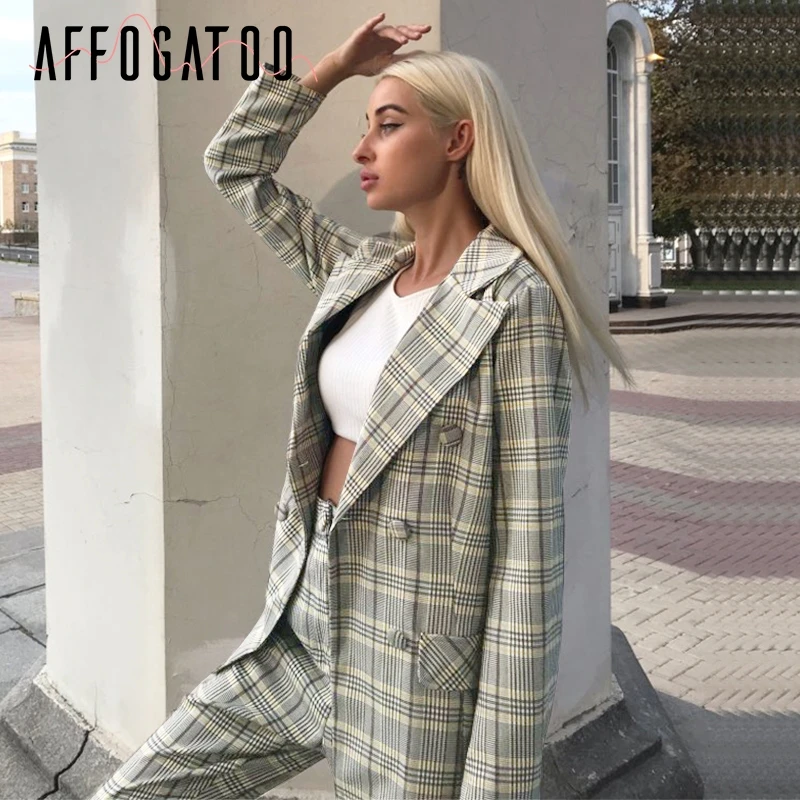 Женский клетчатый костюм afogatoo повседневный комплект из двух предметов