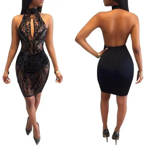 Черное платье обтягивающее с сеткой 2019 летнее сексуальное лямкой на шее открытой