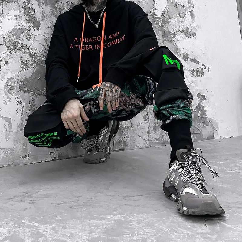 Camo Dragon Print Cargo Harajuku штаны шаровары с несколькими карманами для бега мужские