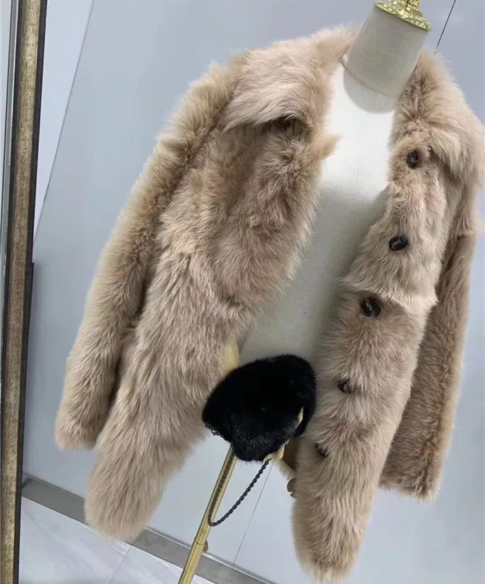 beige camel Женская шуба из натуральной шерсти, Толстая теплая Осенняя зимняя овечья шерсть, меховая куртка, двусторонняя - Цвет: beige camel