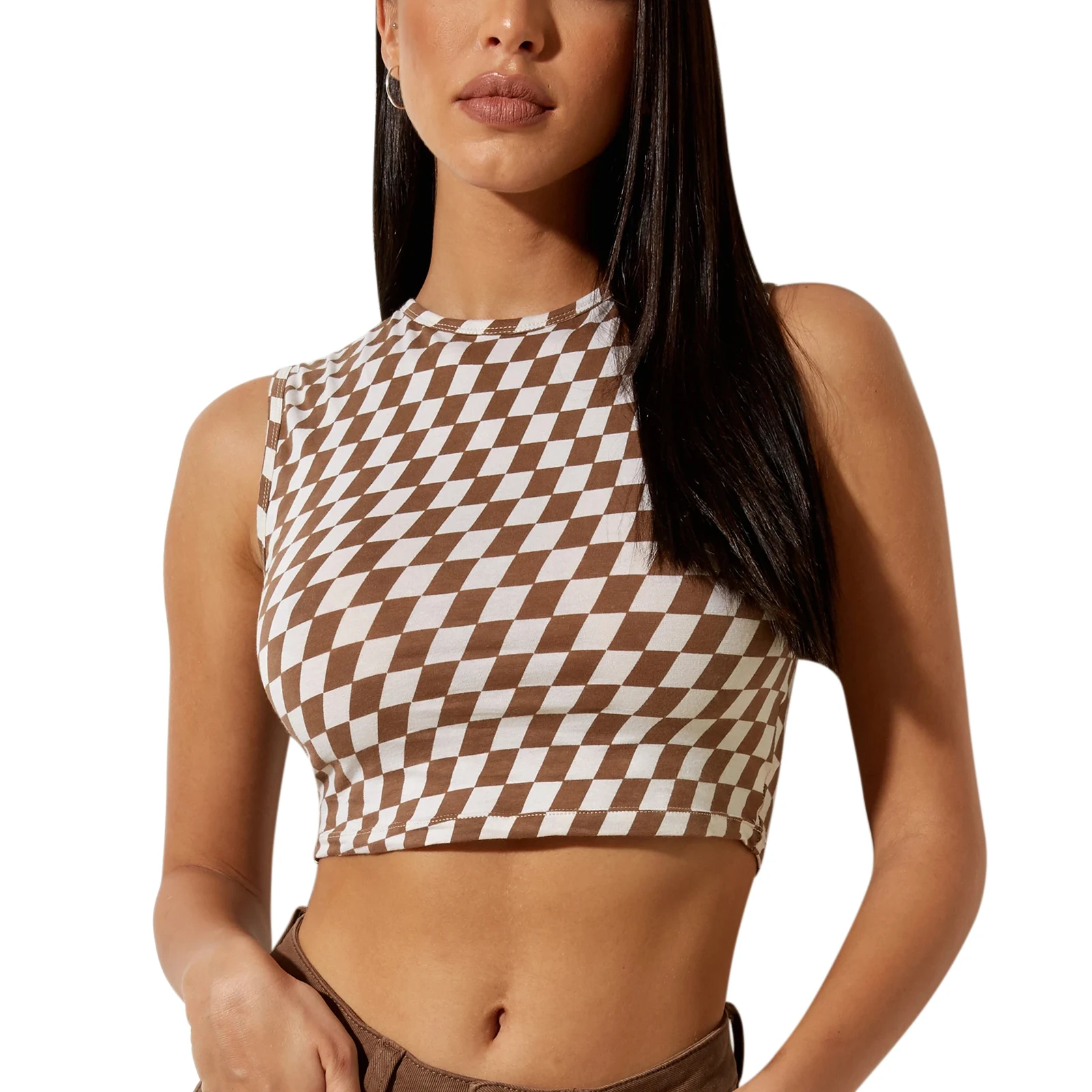 

Женский эластичный Топ, Милая Вышивка с ангелом, с принтом ромбиками, без рукавов, с круглым вырезом, облегающие кроп-топы