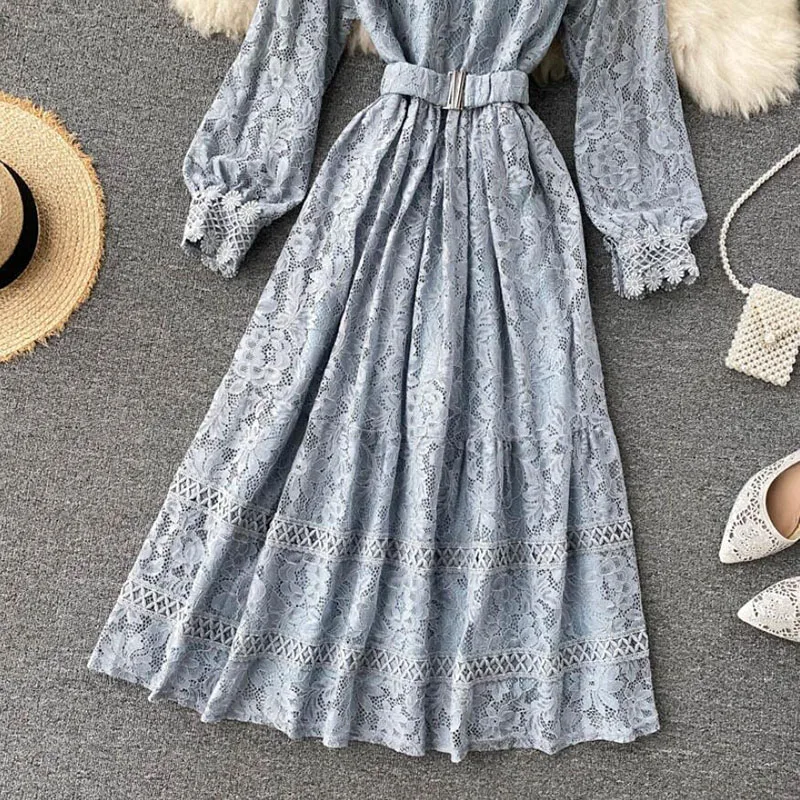 

Women Elegant Dress Spring Autumn New Hollow out Lace Stand collar Party Midi Dress Blue Ladies Slim Bandage A-Line Dresses