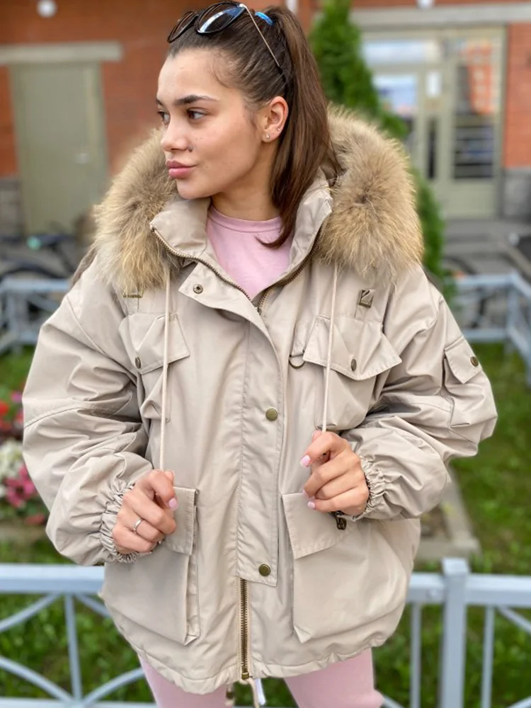 

FTLZZ Winter Large Natural Raccoon Fur Hooded Jacket Women Thick 90% White Duck Down Coat Short Pakers Loose Down Outerwear