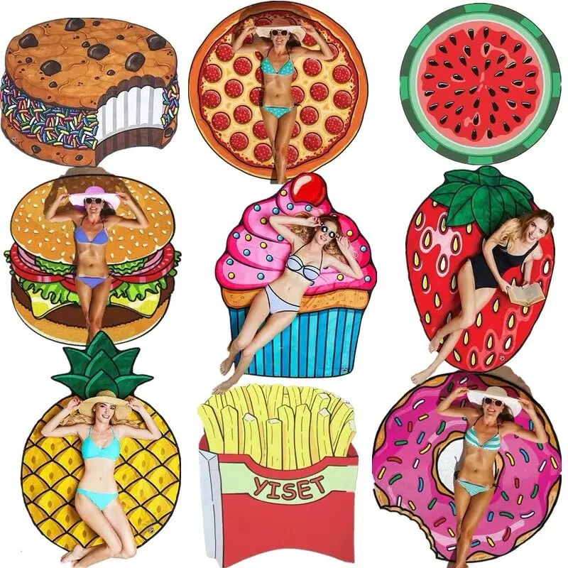 

New Donut Pizza Beach Mat Round Mandala Towel Travel Shawl Blanket Sarong Beach Cover Wrap Bandana Round Summer Beach Blanket