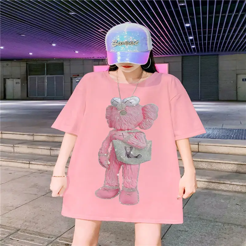 

Spring Summer New Mid-length Bottoms Missing Hot Diamond Cartoon Cotton Short-sleeved T-shirt for Women Harajuku Shirt