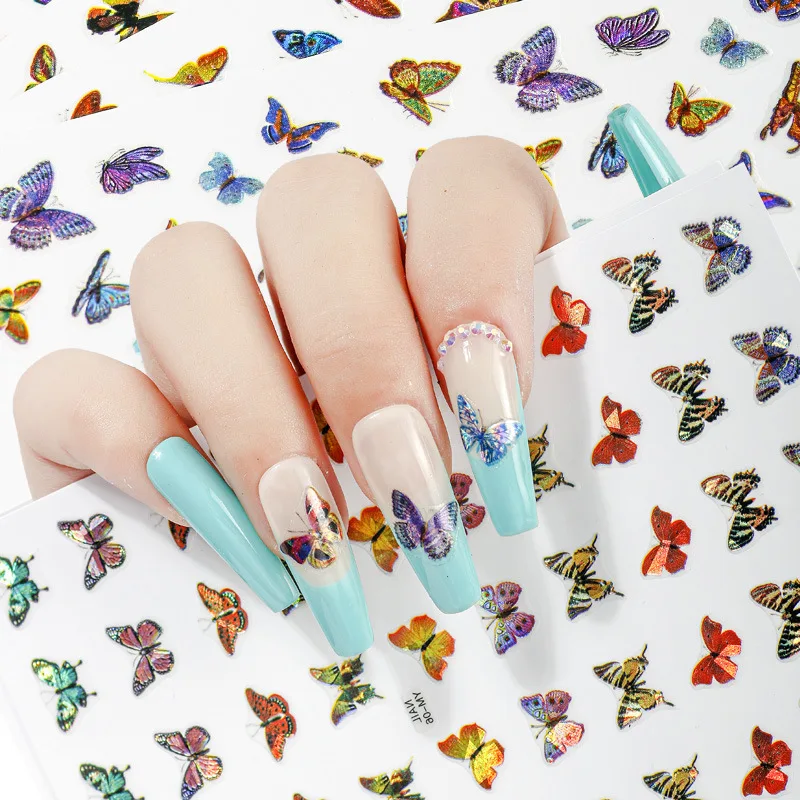

New Ultra-thin Adhesive 3D Nail Sticker Slider Waterproof Simulation 3D Laser Colourful Butterfly Nail Polish Strips Stickers