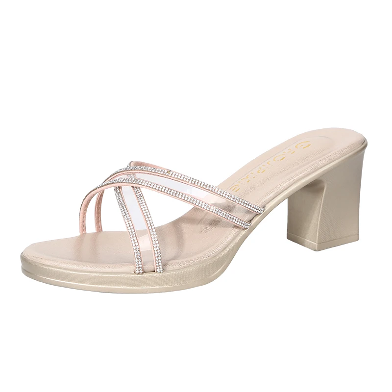 

Shoes Square heel Slippers Women Summer Heeled Mules Pantofle Slides Block High 2021 Flat PU Fabric Bling Bonded Leather Cotton