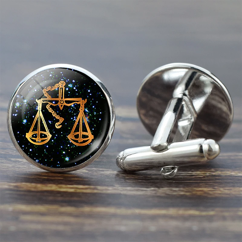 Libra 12 Созвездие стеклянная запонка из сплава Leo знак зодиака Рыбы ручной работы стеклянные серебряные Костюмные запонки звенья Мужская рубашка подарок на день рождения - Окраска металла: Libra