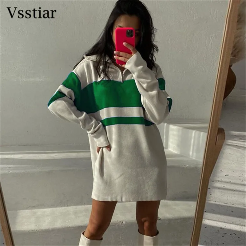 

Vsstiar Zip Collar Sweater Dress For Women New Fashion Winter Striped Straight Mini Dress Long Sleeve Casual Clothes Streetwear