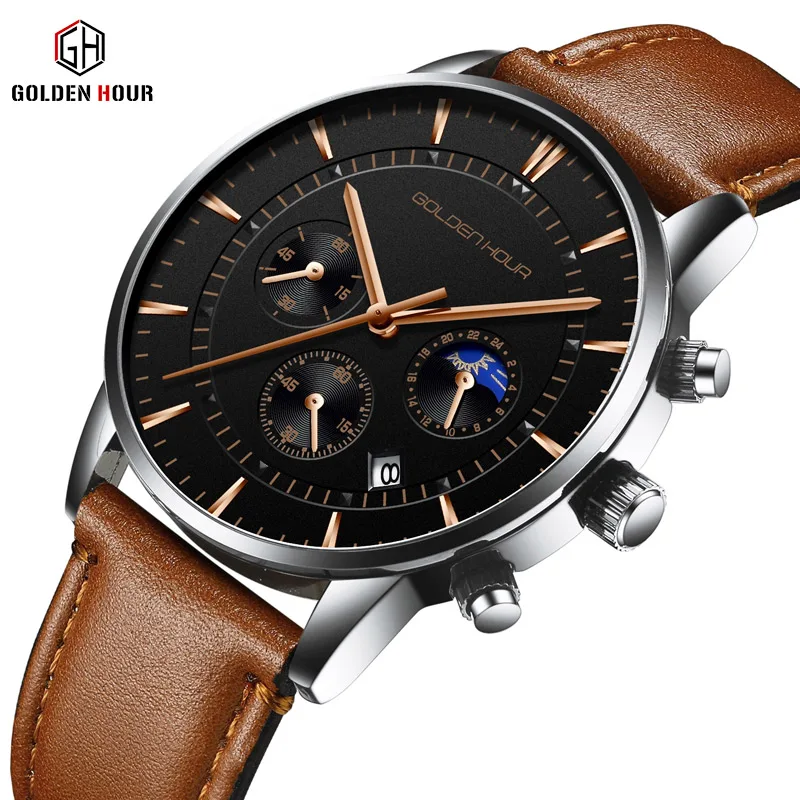 GOLDENHOUR Men's Watch Top Brand Luxury Fashion Quartz Watch Men Leather Waterproof Sports Wrist Watch Male Relogio Masculino