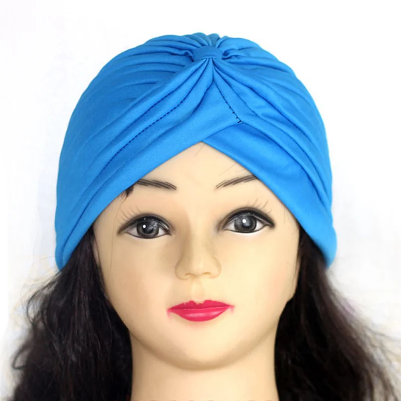 lake blue Bohemian Hijab Caps Muslim Women Solid Color Scarf Sun Protection Cap Muslim Multifunctional Turban Ramadan High Quality - Цвет: lake blue
