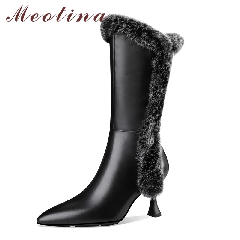 

Meotina Women Mid Calf Boots Shoes Real Leather High Heel Zip Fashion Boots Pointed Toe Stiletto Heels Rabbit Fur Lady Boots 42