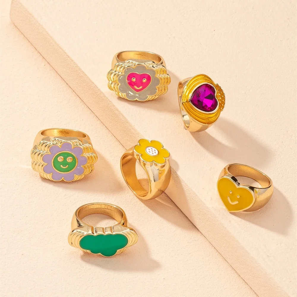 

2021 New Happy Smiley Face Open Rings Resin Colourful Geometric Square Round Rings Set for Women Girls Jewelry Party Gold Gifts