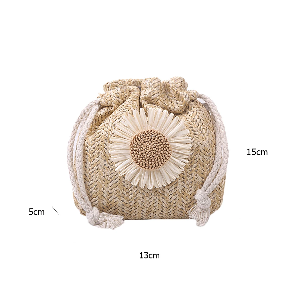 

Flower Drawstring Bucket Bag Classic Texture Creative Design Chic Women Straw Woven Beach Crossbody Shoulder Handbags
