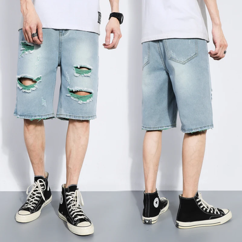 Мужские рваные джинсовые шорты свободные шорты-бермуды в Корейском стиле