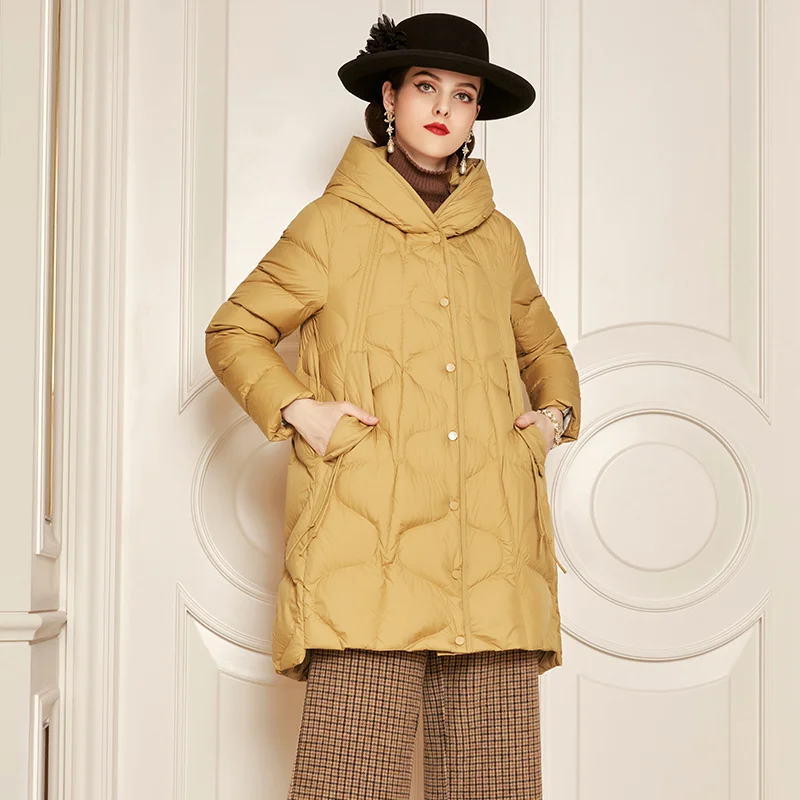 

SHZQ желтая легкая пуховая куртка женская средней и длинной с капюшоном Новинка Зима 2021 популярное теплое пальто на белом утином пуху утеплен...