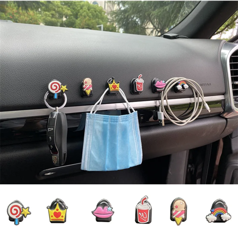 Car Adhesive Hooks Multifunctional DIY Cute Auto Fastener Clip for USB Cable Headphone Key Organizer Storage Hanger Accessories