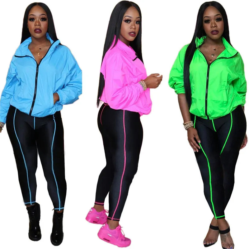 Adogirl флуоресцентный зеленый женский спортивный костюм Athleisure комплект из двух предметов со стоячим воротником куртка с длинными рукавами пальто узкие брюки спортивная одежда