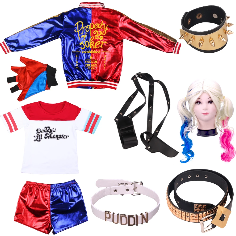 Kids Suicide Harley cosplay Costumes Squad Quinn Monster Jacket Pants Girls New Year Christmas Party Clothes With Wig Gloves